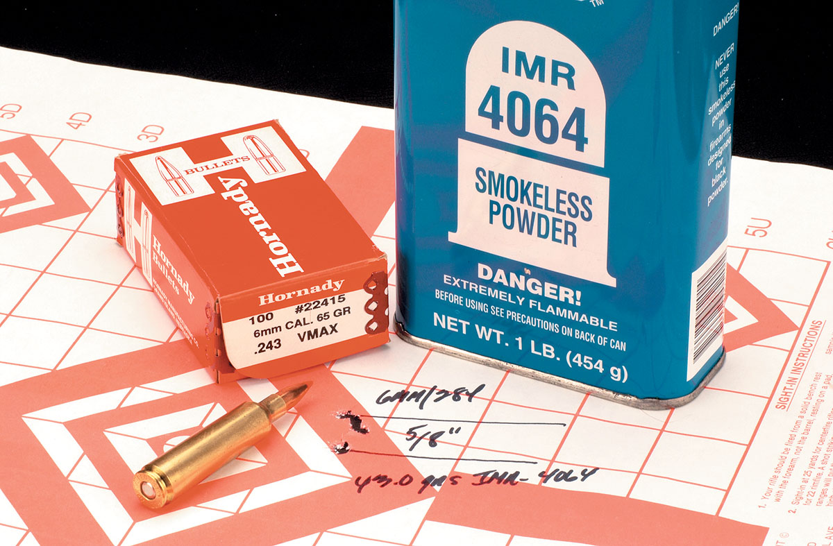 The 65-grain Hornady and IMR-4064 grouped under an inch.